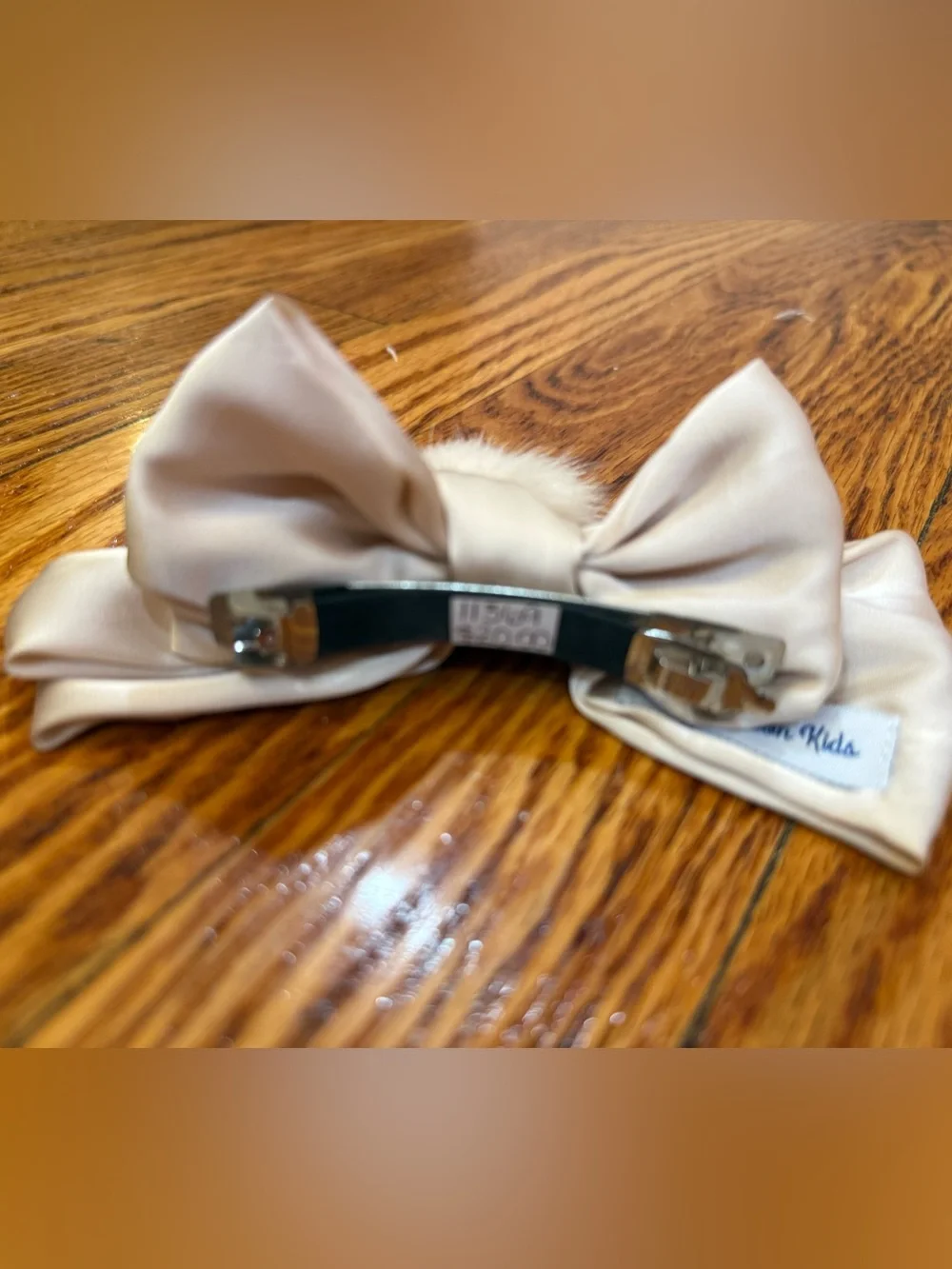 Kids Satin Bow Hair Clip with Faux Fur Pom - Cream